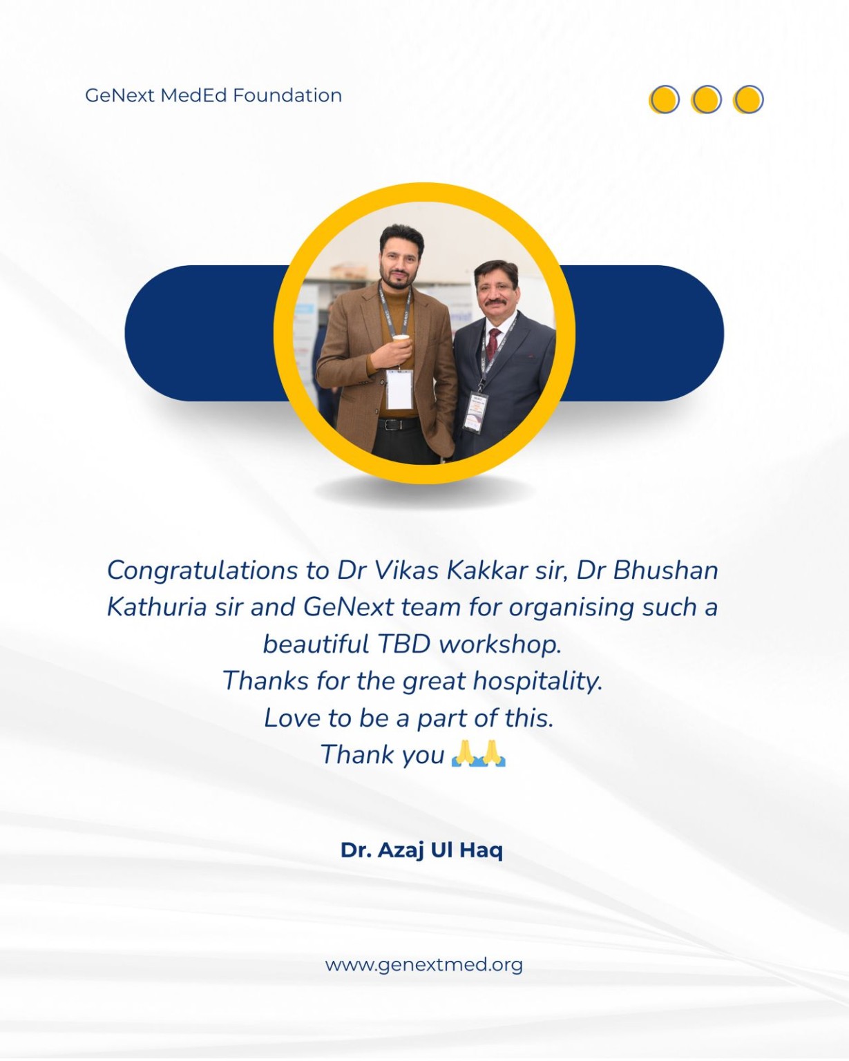 Workshop feedback card attributed to Dr. Azaj Ul Haq