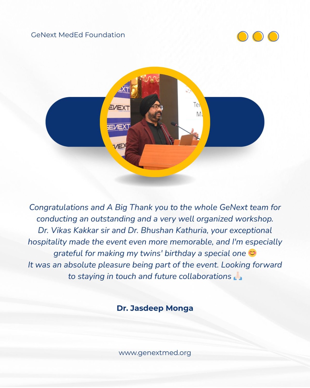 Workshop feedback card attributed to Dr. Jasdeep Monga