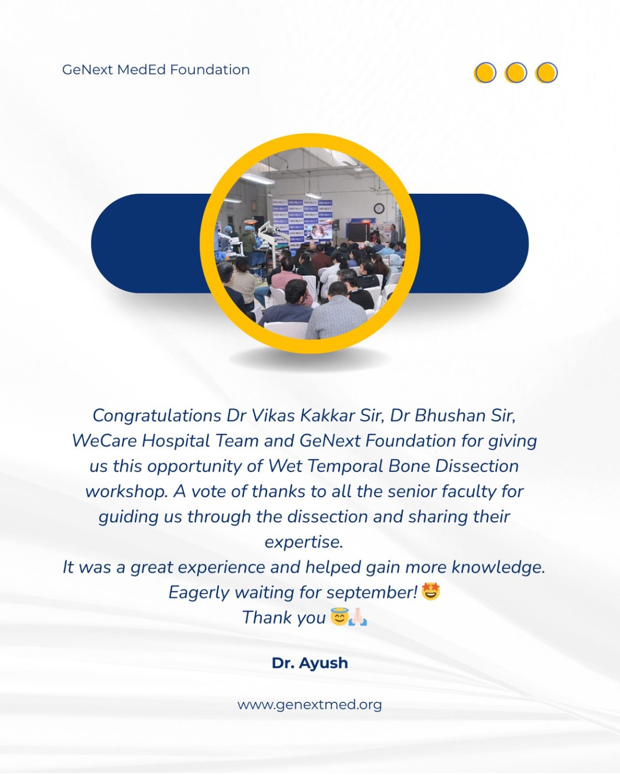Workshop feedback card attributed to Dr. Ayush