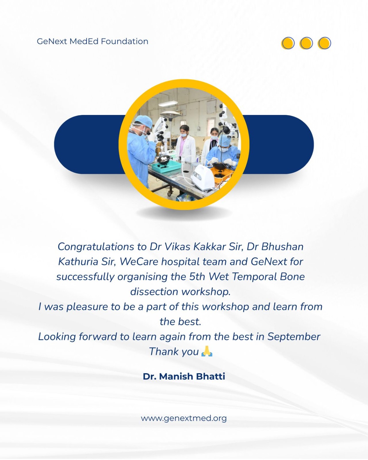 Workshop feedback card attributed to Dr. Manish Bhatti