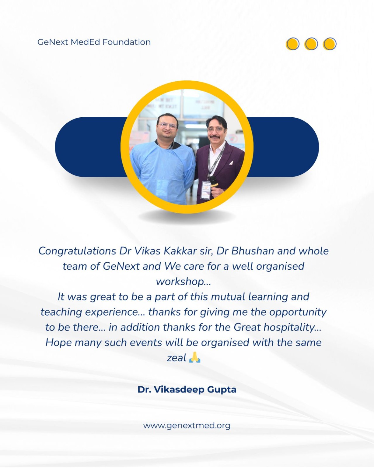 Workshop feedback card attributed to Dr. Vikasdeep Gupta