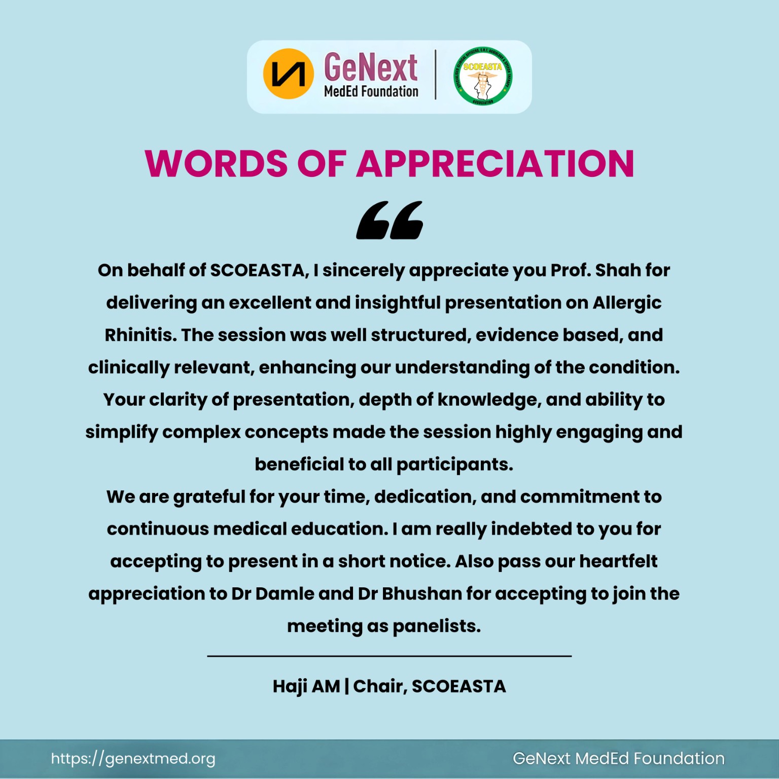 Words of appreciation · SCOEASTA