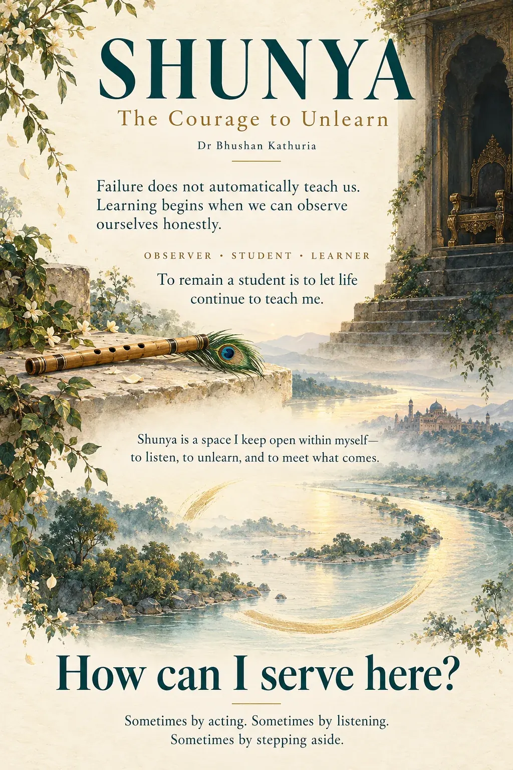 Shunya editorial artwork: a flute and peacock feather, an empty throne, and a river flowing through an open circle; selected lines from the essay